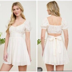 Blu Pepper Babydoll Mini Dress Open Back Short Sleeve Ivory Size L Cottagecore